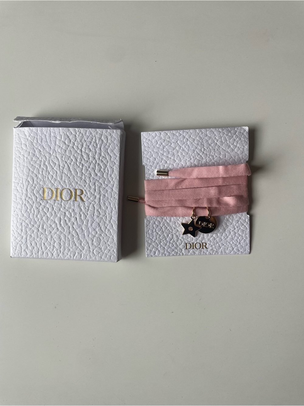 Dior Pink Ribbon Choker Necklace/Bracelet Gold Star + DIOR Charm + Original Box